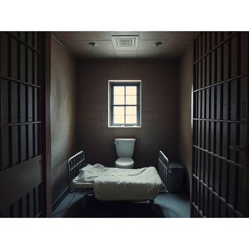 Celda de aislamiento equipada con cama, inodoro y pequeña ventana