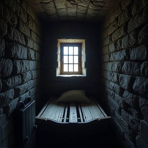 Celda penitenciaria histórica con paredes de piedra, una cama de madera y una pequeña ventana enrejada