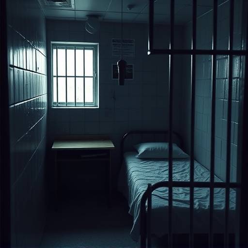 Interior de una celda penitenciaria con cama, escritorio y ventana