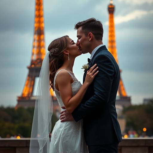 Photo de mariage d'un couple s'embrassant devant la Tour Eiffel