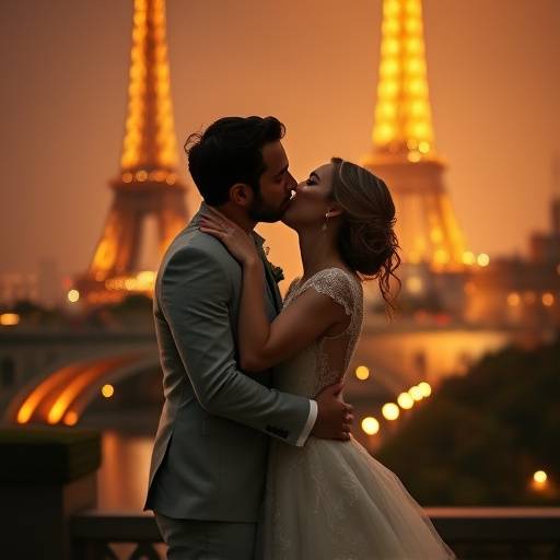 Photo de mariage romantique d'un couple s'embrassant passionnément devant la Tour Eiffel illuminée