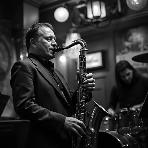 Photo en noir et blanc d'un musicien jouant du saxophone dans un club de jazz parisien