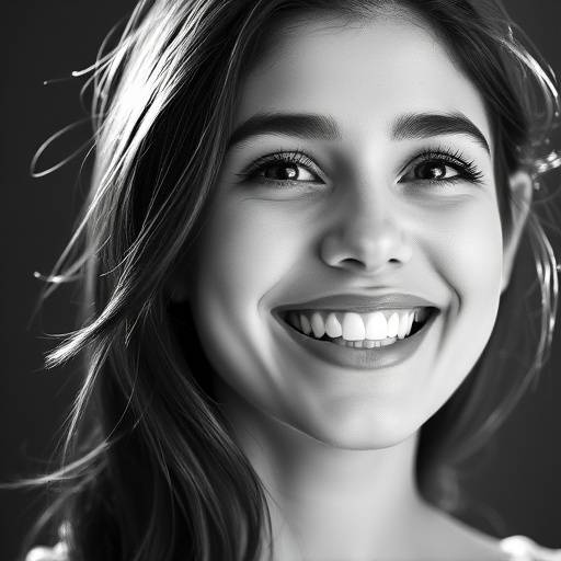Portrait en noir et blanc d'une jeune femme rayonnante, le sourire aux lèvres